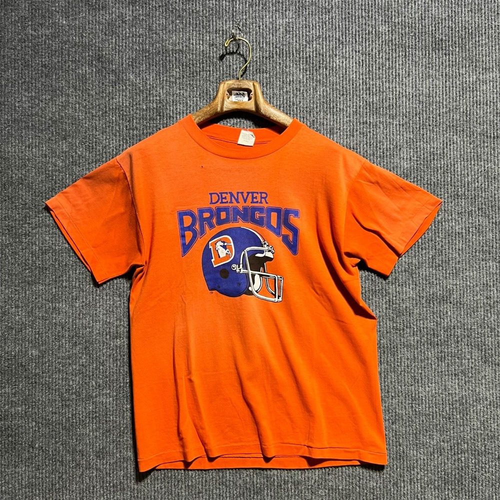 Vintage Denver Broncos T Shirt Mens L Orange NFL Helmet Graphic 80s Paper Thin